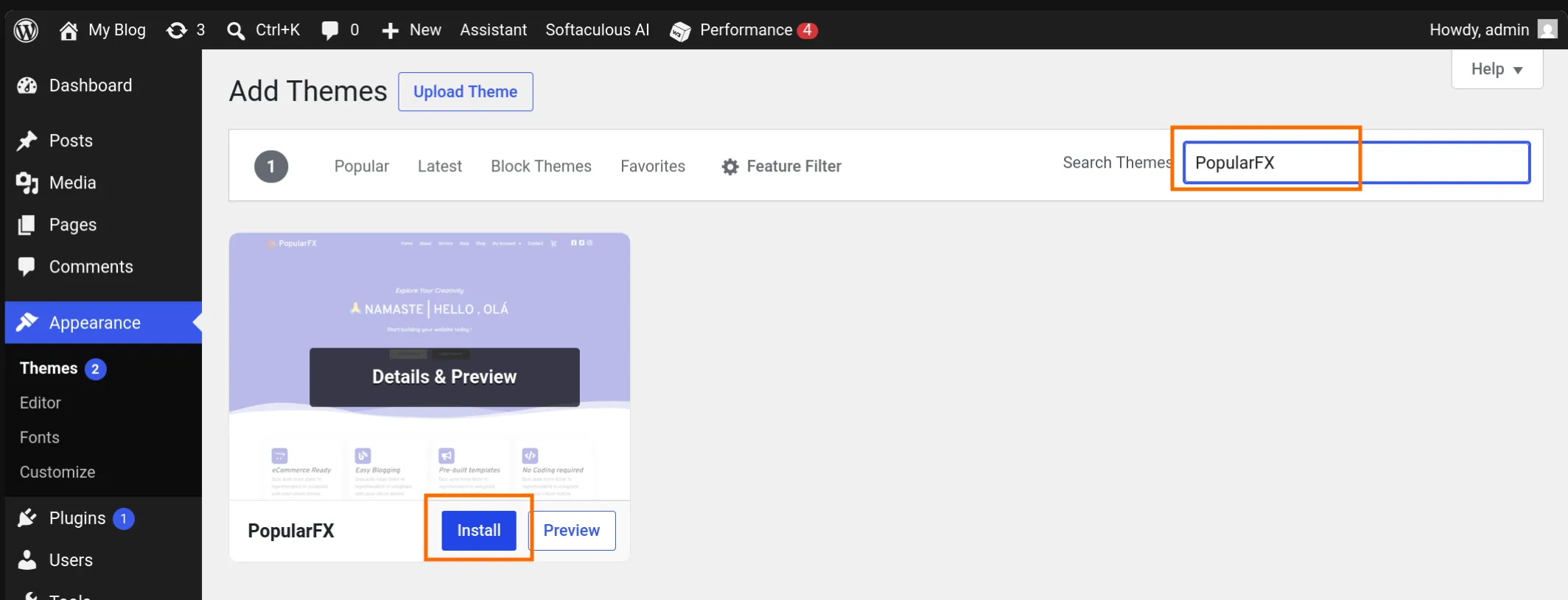 Installing PopularFX Theme